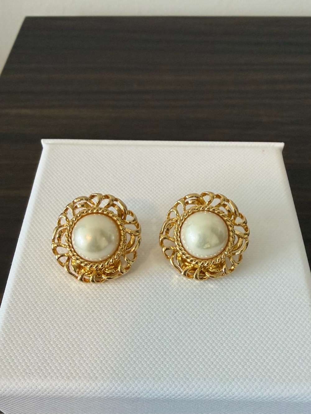Alfred Sung Gold Filigree Pearl Clip‑On Earrings Vintage